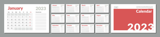 一套2023日历计划模板与地方笔记，照片和公司标志。矢量布局的墙壁或桌面简单日历与周开始星期一。日历网格灰色打印图片下载