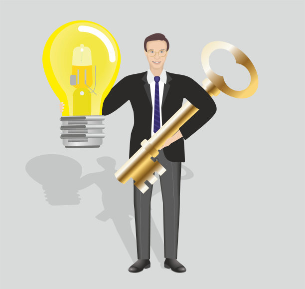 商人成功的钥匙，金钥匙，大灯泡，创意。矢量插图。图片下载