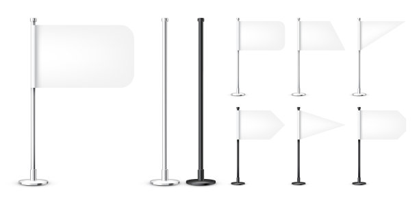 真实的各种表旗在钢杆上。由纸或织物制成的空白白色桌面旗。黑色金属的立场。用于促销和广告的模型。矢量图图片下载