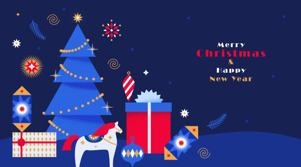 圣诞和新年快乐贺卡，横幅，海报，节日封面。现代圣诞设计在蓝色，红色，金色，白色的颜色。圣诞树、球、冷杉枝、星星和玩具、礼物等元素。图片下载