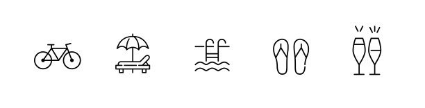 海滩度假胜地图标。自行车，伞，椅子，游泳池，人字拖和香槟。像素完美，可编辑的笔画图片下载