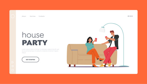 主页登陆页面模板。年轻的男女夫妇端着杯子坐在沙发上庆祝节日图片下载