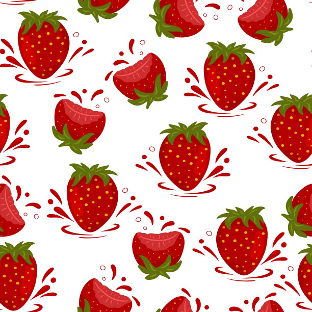 无缝的草莓图案，整个和一半的浆果和飞溅的白色背景。图片下载