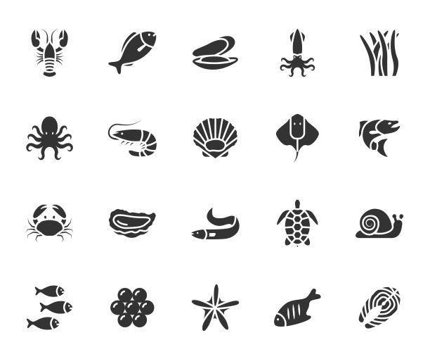 海产品平面图标向量集。包含图标鱼，龙虾，螃蟹，章鱼，虾，牡蛎，贻贝，鱼子酱，鳗鱼和更多。像素完美。图片下载