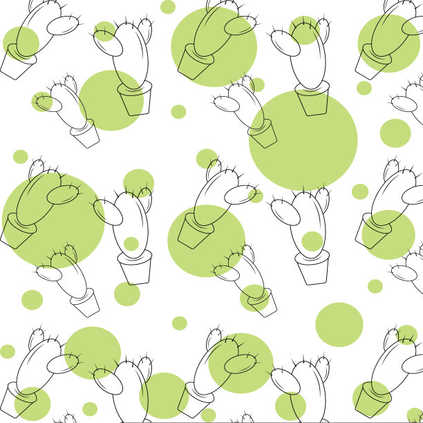 抽象背景的绿色圆圈和仙人掌与刺在花盆中的卡通风格图片下载