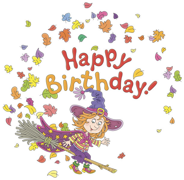 生日卡片上有个骑着扫帚的小女巫图片下载