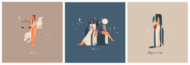 手绘矢量抽象图形插图与十二生肖占星当代空气符号符号集合集，神奇的波西米亚女性人物，剪纸波西米亚设计，女性占星概念。图片下载