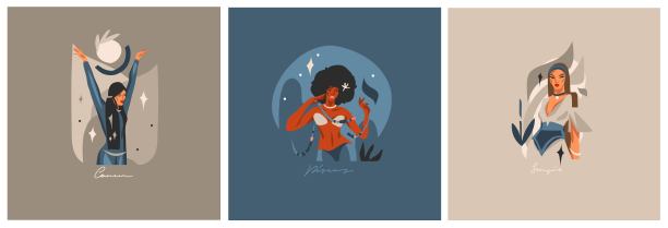 手绘矢量抽象图形插图与十二生肖占星当代水符号符号集合集，神奇的波西米亚女性人物，剪纸波西米亚设计，女性占星概念。图片下载