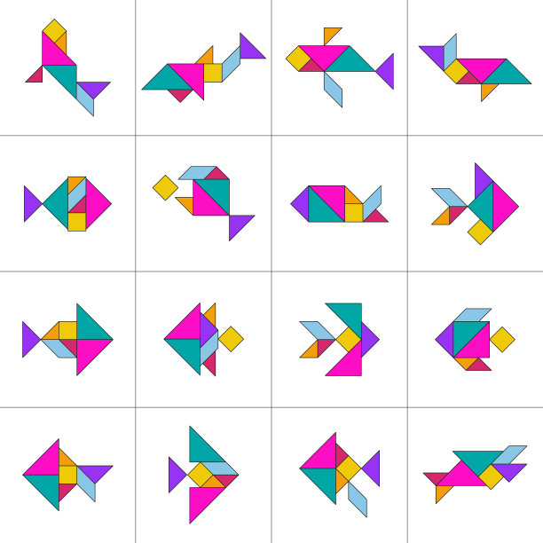 七巧板。一套七巧板鱼。对孩子拼图。向量集。矢量图图片下载