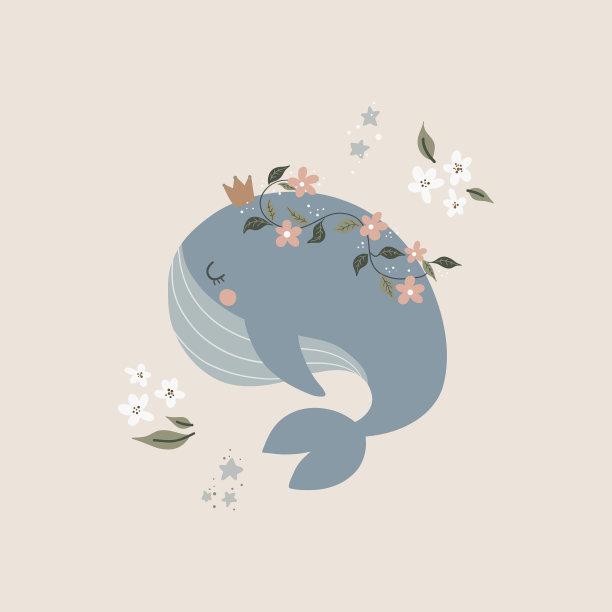 矢量手绘彩色儿童插画，海报，印刷与可爱的鲸鱼在斯堪的纳维亚风格。可爱的动物宝宝。图片下载
