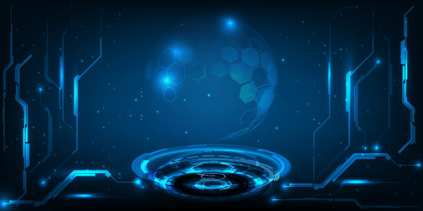 矢量插图蓝色全息地球球未来霓虹弯曲平台的数字技术广告和游戏图形艺术。图片下载