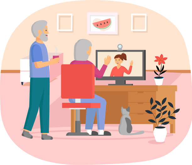 年迈的父母坐在电脑前和女儿聊天。透过互联网进行网上交流图片下载