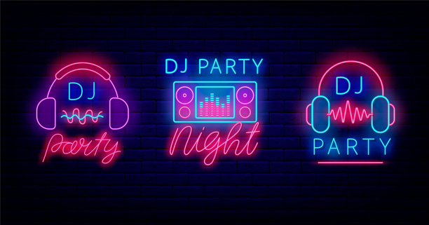 Dj派对霓虹标签板收集。闪亮的一点。音乐dj控制台和耳机。向量股票插图图片下载