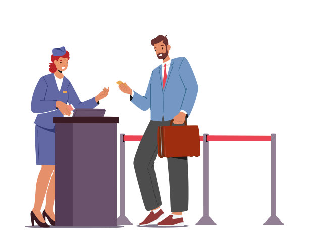 在白色隔离的机场，携带行李的乘客将文件和航班登记机票交给友好的工作人员图片下载