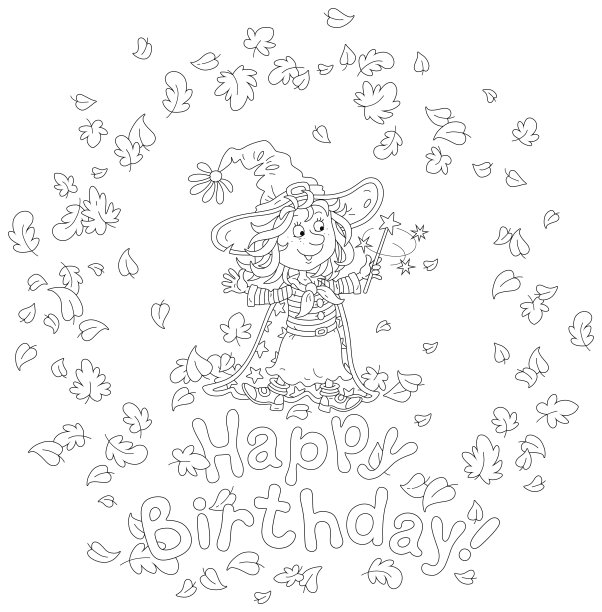 生日卡片上有一个小女巫和一根魔棒图片下载