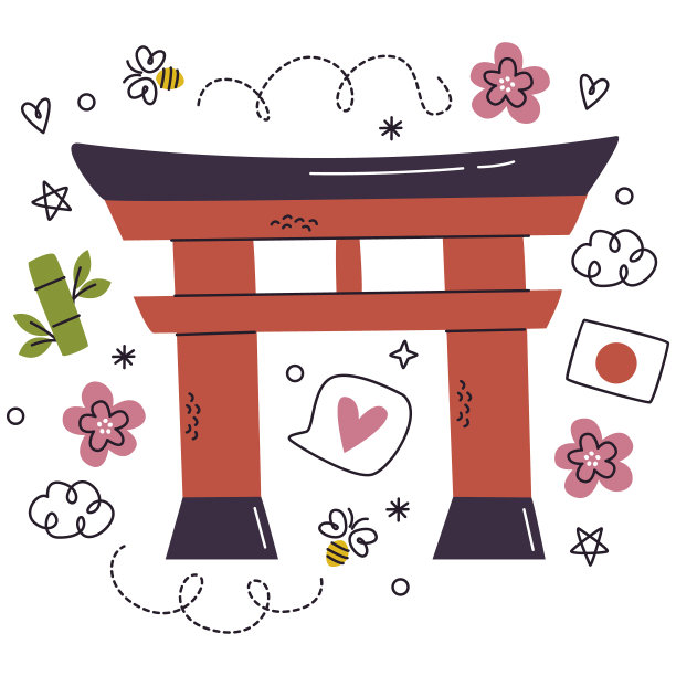 手绘日本元素集矢量插图。图片下载