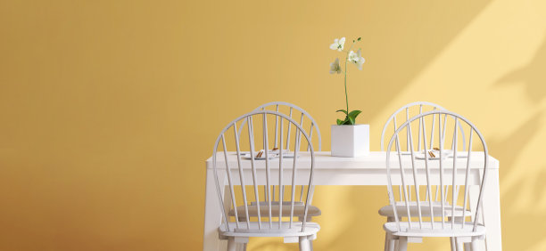 现代时尚的设计，白色的餐桌和椅子，盘子，筷子和花瓶在阳光与叶影在柔和的黄色墙壁餐厅图片下载