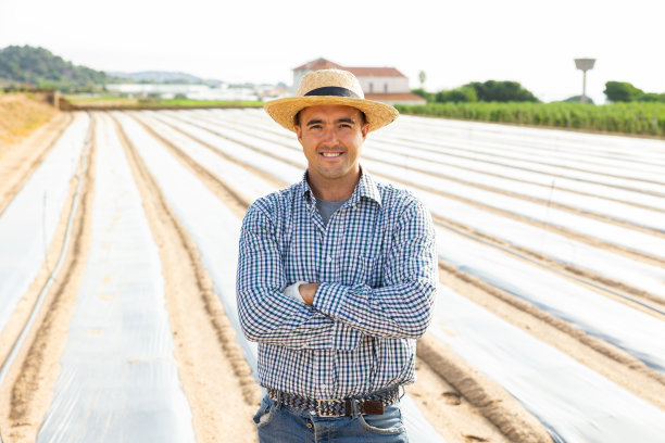 微笑的农民站在用聚乙烯薄膜覆盖的种植园上图片下载