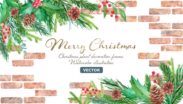 框架背景的砖和圣诞装饰。水彩插图。松果，冷杉枝和冬青的安排。(向量。布局改变的)图片下载
