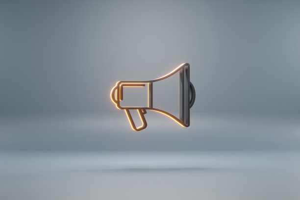 美丽的黑色喊话扩音器与黄色的光符号图标在蓝色的背景。3 d渲染插图。设计的背景图案。图片下载