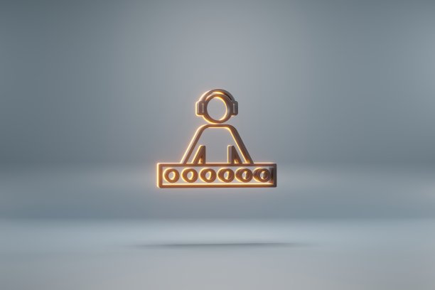 美丽的黑色DJ与耳机黄色灯符号图标在蓝色背景。3 d渲染插图。设计的背景图案。图片下载