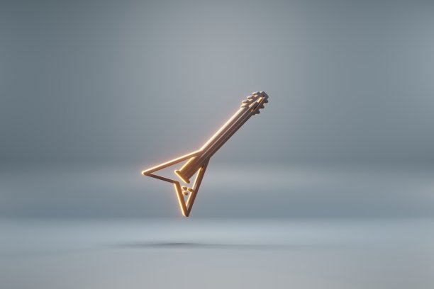 美丽的黑色金属电吉他与黄色的灯光符号图标在蓝色的背景。3 d渲染插图。设计的背景图案。图片下载