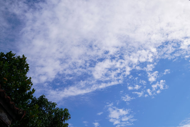 蓝色的天空背景与小云在全景视图。图片下载
