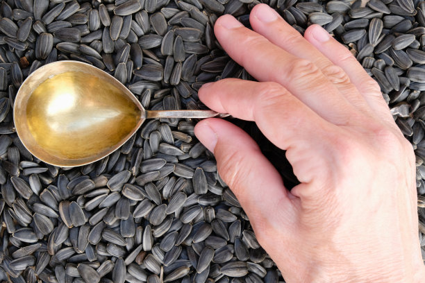 铜勺填充葵花籽油的背景。女人的手拿着勺子。图片下载