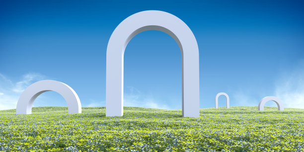美丽的自然景观，有彩色花田和圆弧，门或门。抽象逼真的3d插图。创意现代超现实环境全景背景。最小的幻想艺术渲染。图片下载