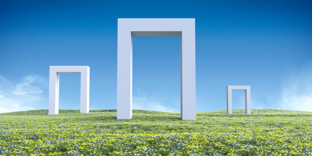 美丽的自然景观，彩色的花田和白色的框架。抽象逼真的3d插图。创意现代超现实环境全景背景。最小的幻想艺术渲染。图片下载