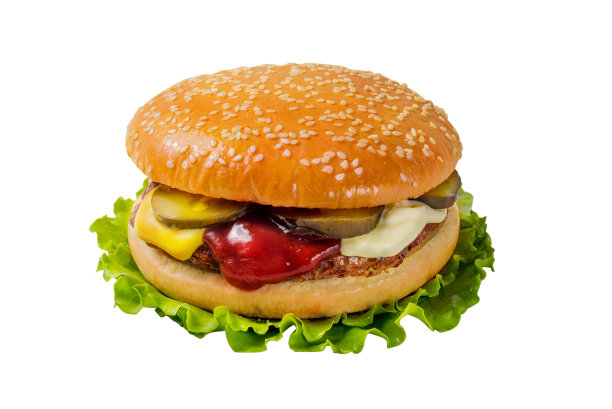 烤汉堡配咸菜和酱汁，配白芝麻面包图片下载