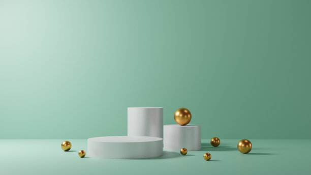 绿色背景与白色底座或讲台模型展示，空平台的产品展示和演示，干净的舞台与金球，3d渲染图片下载