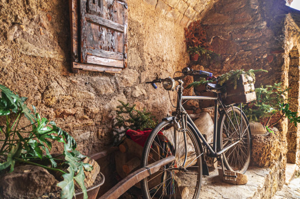 老房子附近一辆老式自行车的漂亮照片图片下载