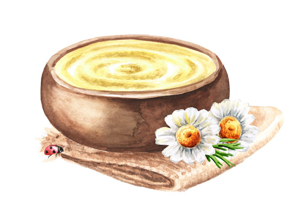 融化的黄油放在木碗里。手绘水彩插图，孤立在白色背景图片下载