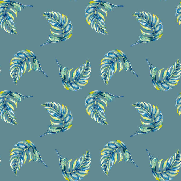 异国情调的蓝棕榈叶无缝图案水彩插画孤立。图片下载