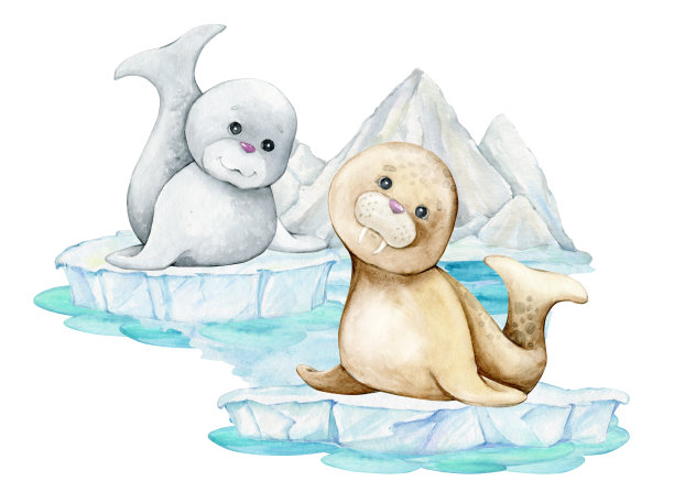 海豹，海狮，鹿颈，可爱的心形卡通动物。水彩剪贴画，在一个孤立的背景。图片下载