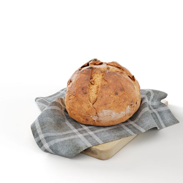 木板上的新鲜面包的3D插图，上面覆盖着白色背景上孤立的毛巾图片下载
