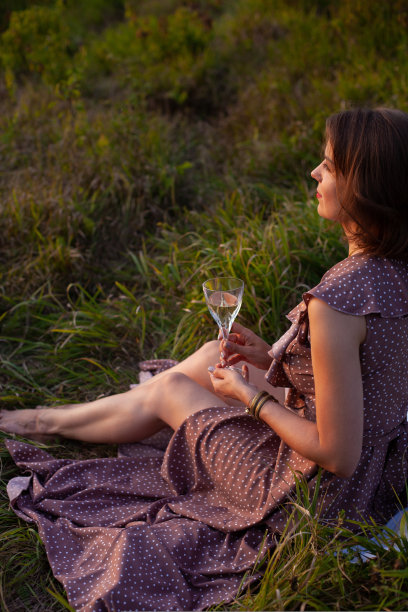 一个穿棕色衣服的女人坐在公园里野餐，全景尽收眼底图片下载