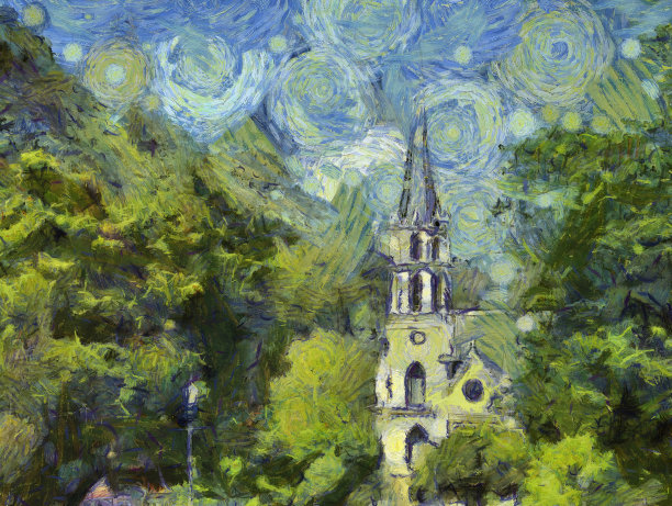 古哥特式教堂的黄色景观插图创造了印象派的绘画风格。图片下载