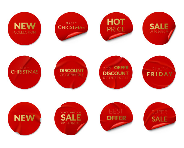 一套红色圆形不干胶贴纸，白色隔离。图片下载