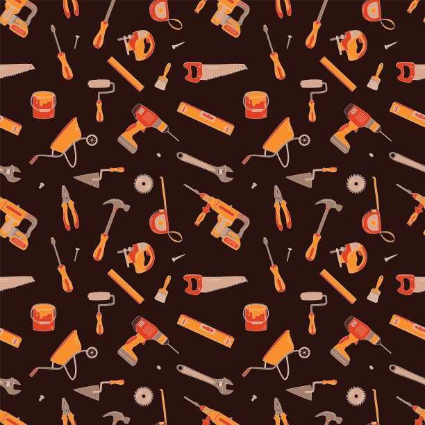 无缝模式与建筑元素。平面手绘矢量插图。施工工具。图片下载