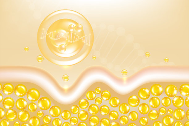 玻尿酸头发和皮肤解决方案广告，黄金胶原蛋白血清滴入皮肤细胞与化妆品广告背景准备使用，插图矢量。图片下载