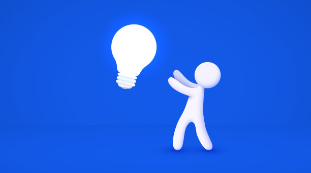 3d白色卡通人拿着大灯泡。概念的概念。孤立的蓝色背景。图片下载