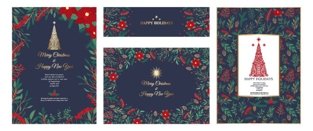 手绘一套圣诞邀请卡与一品红，树叶，树枝，浆果，冬青，星星和圣诞树。冬季花卉舒适收藏。假日矢量插图与复制空间图片下载