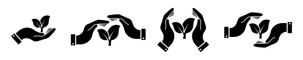 一组树叶在手中矢量图标。黑色剪影与年轻的植物和手。保护和关注环境的理念。图片下载