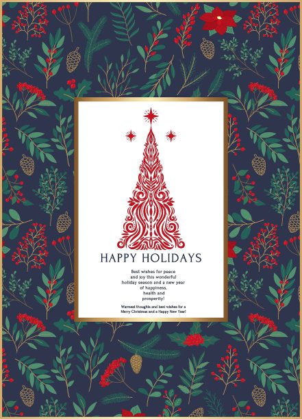 一品红，树叶，树枝，浆果，冬青和圣诞树的手绘圣诞邀请卡。冬季花卉舒适收藏。蓝色背景的节日插图图片下载