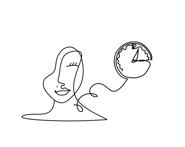 妇女剪影脸与时钟作为线画在白色图片下载