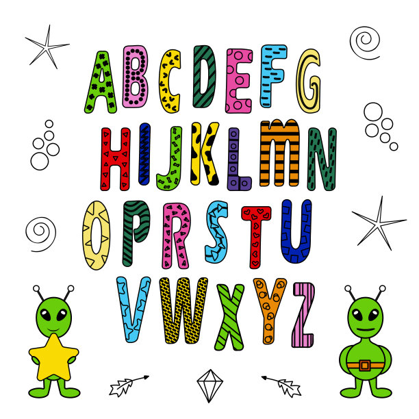 字母，字母是明亮的设定在太空主题上。图片下载