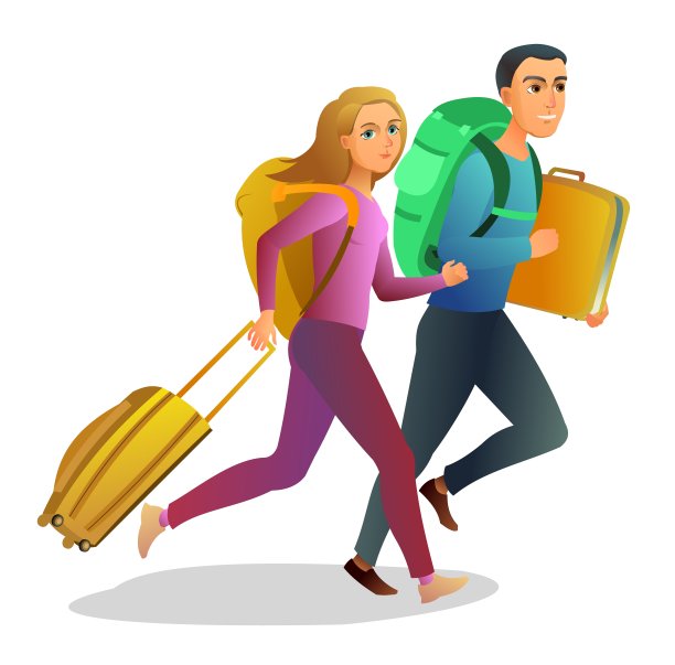 带着背包和行李箱的游客。后期运行。男孩和女孩或丈夫和妻子。孤立的白色背景。向量。图片下载