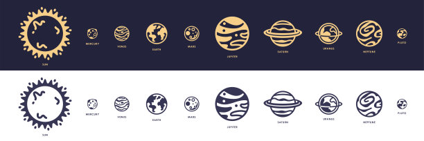 太阳系。行星集合。行星地球和太阳的图标。空间背景。世界的象征。向量eps10插图。平面设计。线的艺术。简单minimalystic设计。轮廓孤立。图标集。图片下载